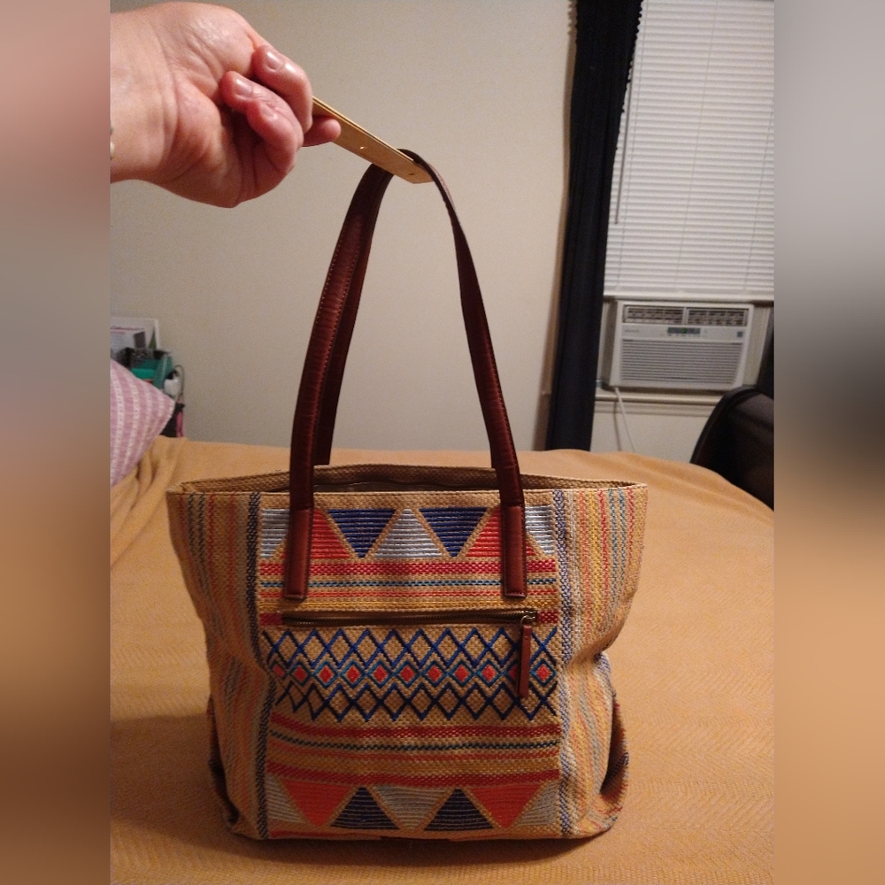 Lucky Brand Jute Tote/ Shoulder Bag/ Embroidered Aztec Print